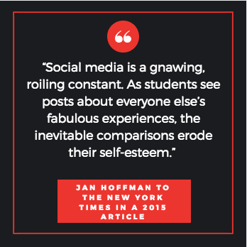 Black box with red border. Quote in white font: "Social media is a gnawing, roiling constant. As students see posts about everyone else's fabulous experiences, the inevitable comparisons erode their self-esteem." Jan Hoffman to the New York Times in a a 2015 article. 