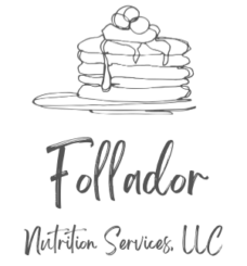 White background with sketch of pancakes on a plate and “Follador Nutrition Services, LLC” written in cursive underneath.